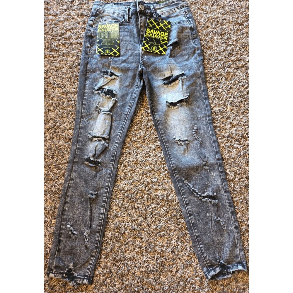 Elite Jeans Jr.Long Size 7/28 Black Acid Wash Distressed Denim frayed hem NWT
